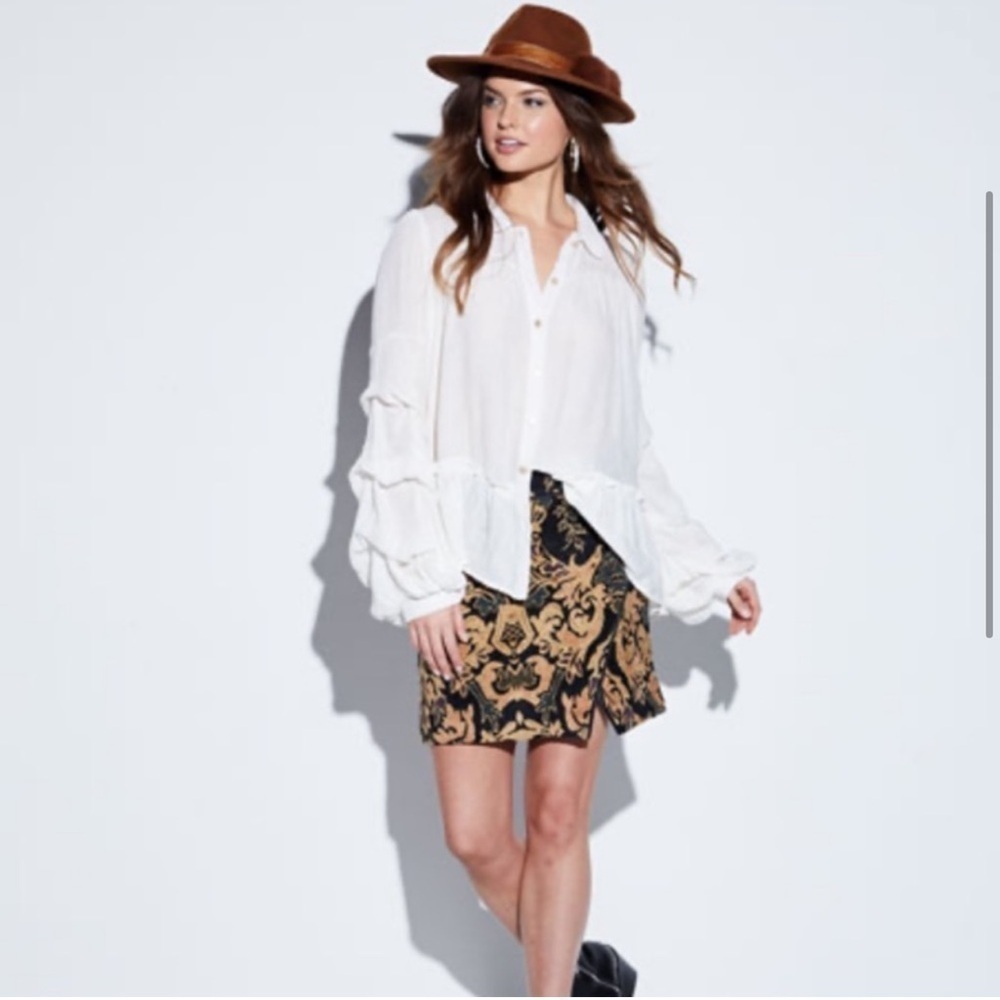 Free People Winter Warrior Brocade Mini Skirt 0 Gold Metallic Floral Leather